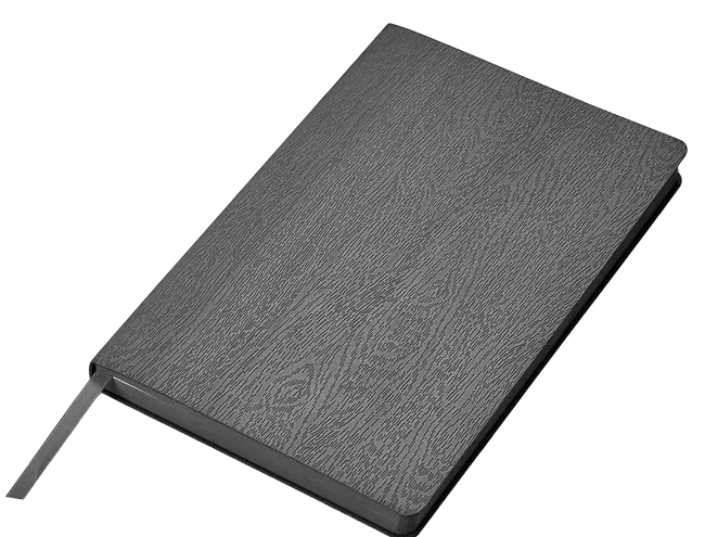 A gray notebook with a black cover.